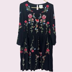 Anthropologie Black Floral Embroidered Long Sleeve Dress